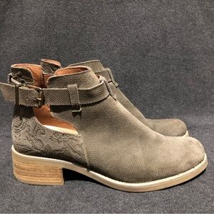 Tara M Keegan Boots Floral Embossed Taupe Suede Ankle Booties Women’s Sz US 8.5